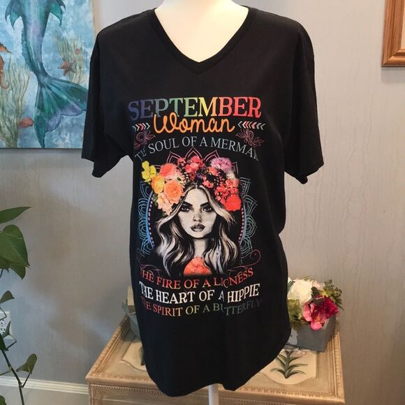 September Woman Bohemian V-Neck Birthday Birth Month Tee Shirt Sz M - Picture 3 of 10